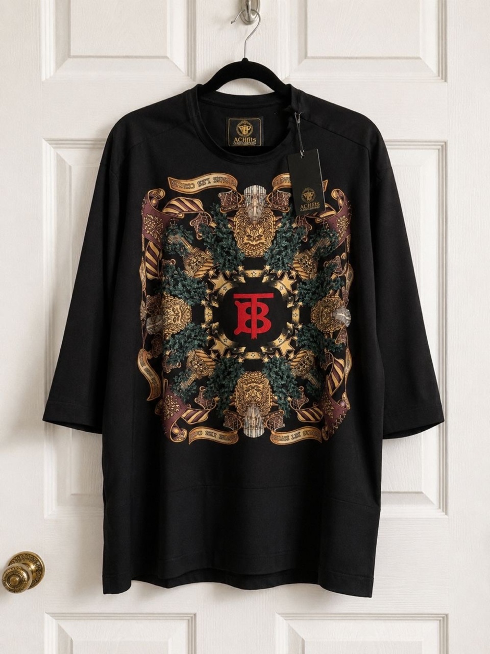 Black Dress Shirt with Ornate Baroque Crest Print